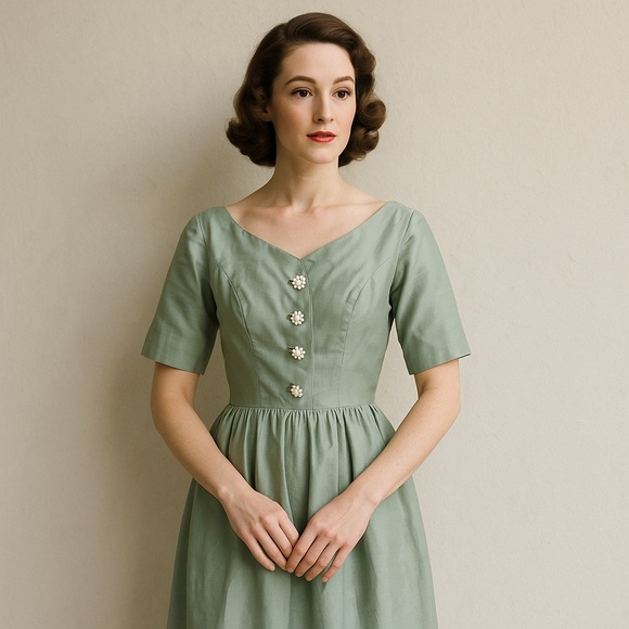 VINTAGE 1950s Josie Shield Mint Green Shantung Fit & Flare Dress Midcentury S - Picture 1 of 15